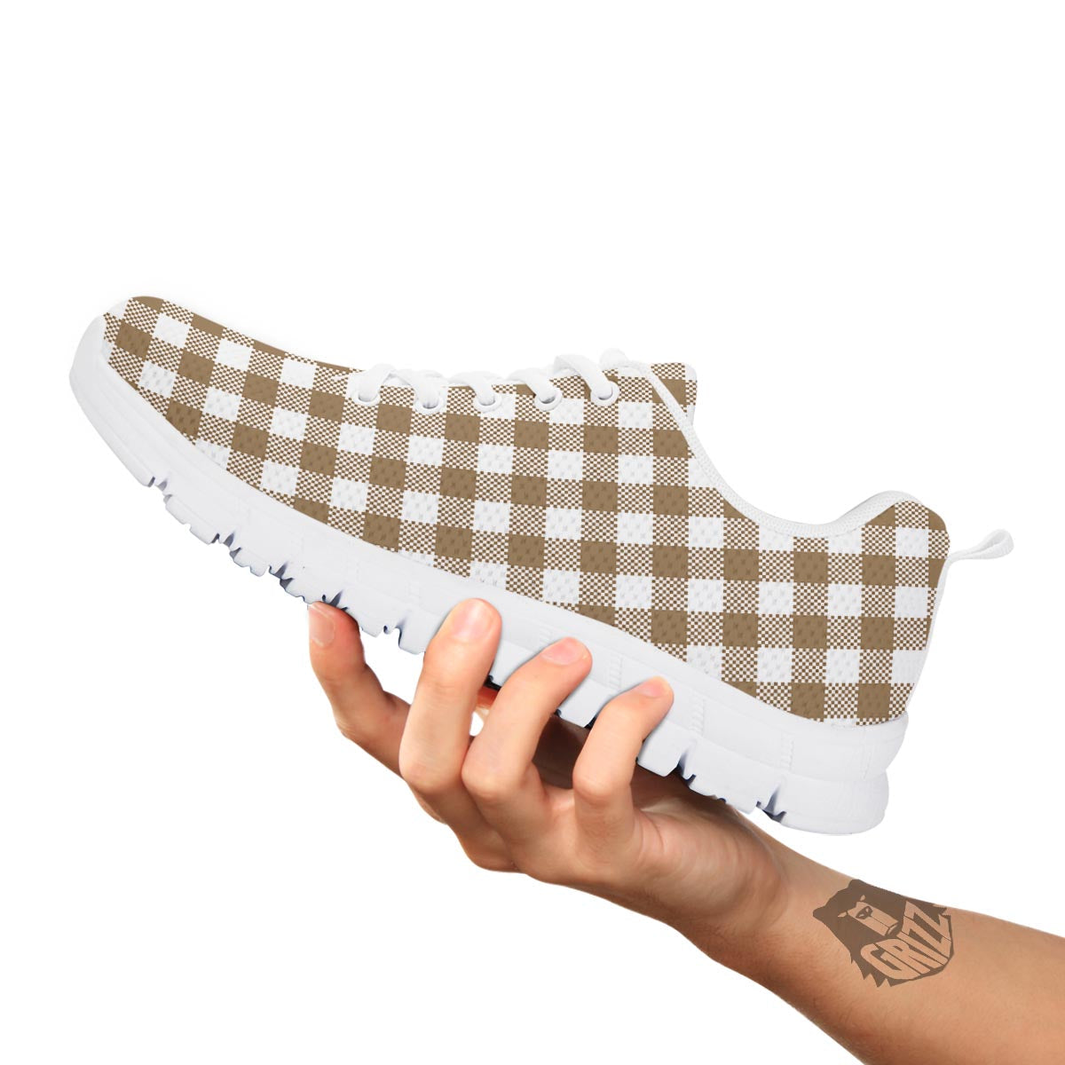 Gingham White And Tan Print Pattern White Sneaker-grizzshop