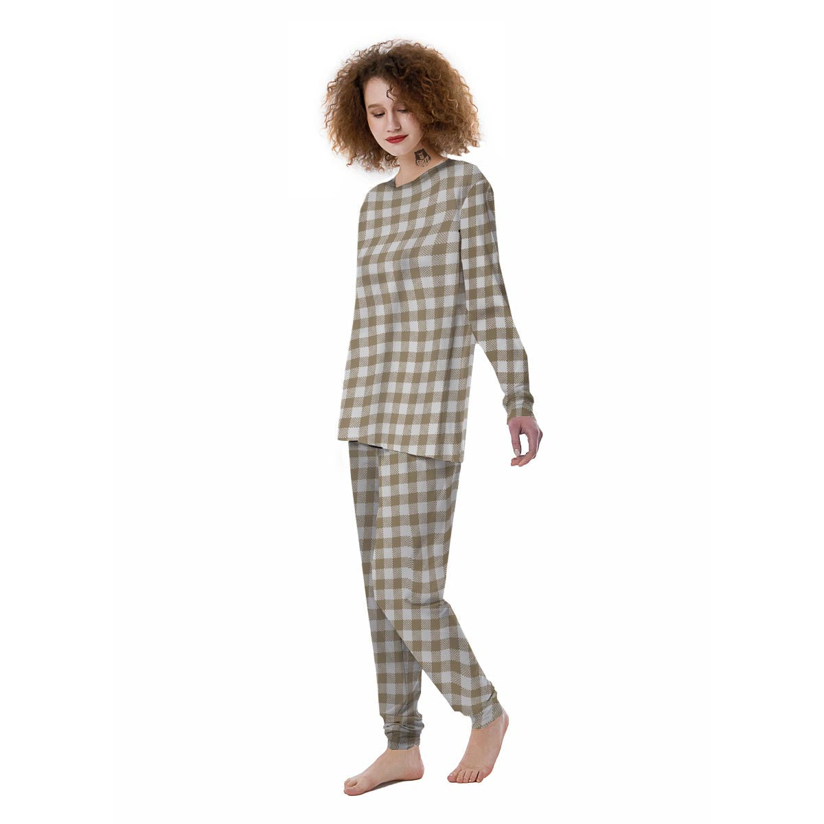 Gingham White And Tan Print Pattern Women's Pajamas-grizzshop