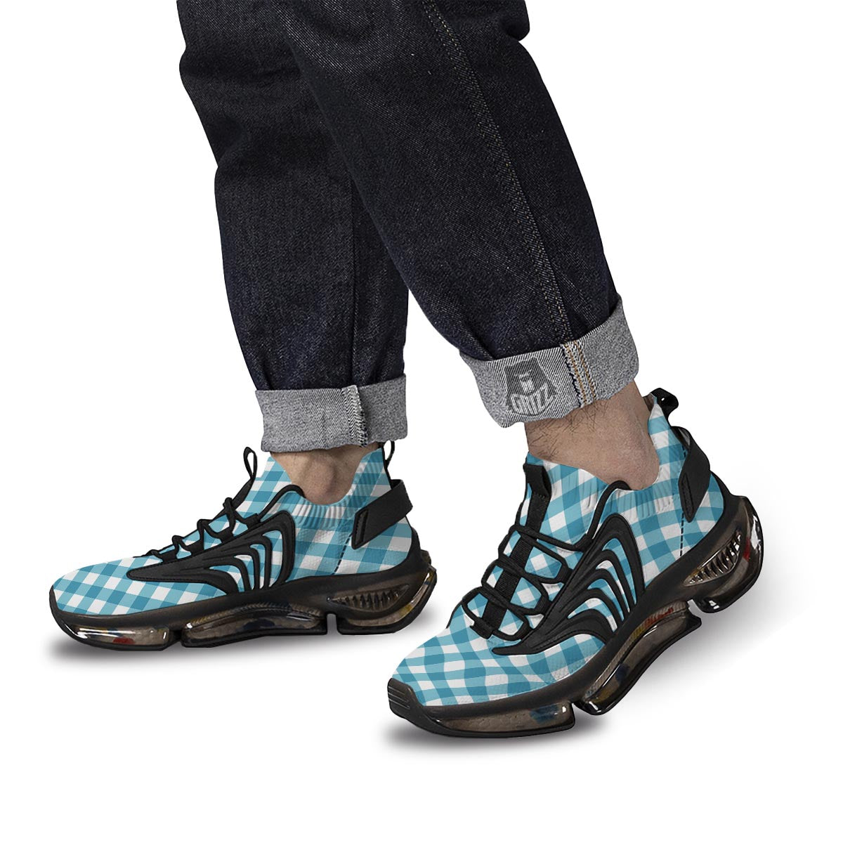 Gingham White And Teal Print Pattern Black Gym Shoes-grizzshop