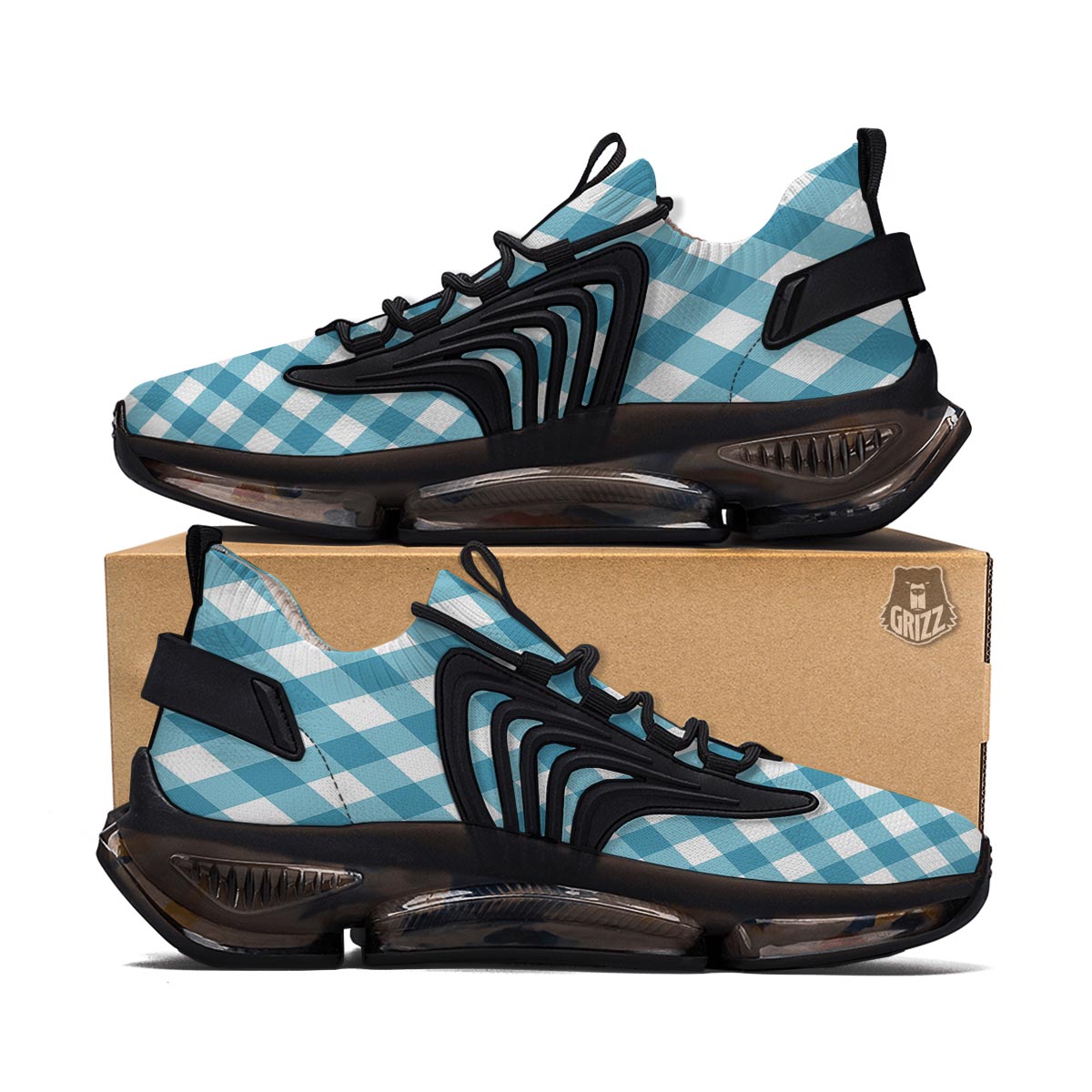 Gingham White And Teal Print Pattern Black Gym Shoes-grizzshop