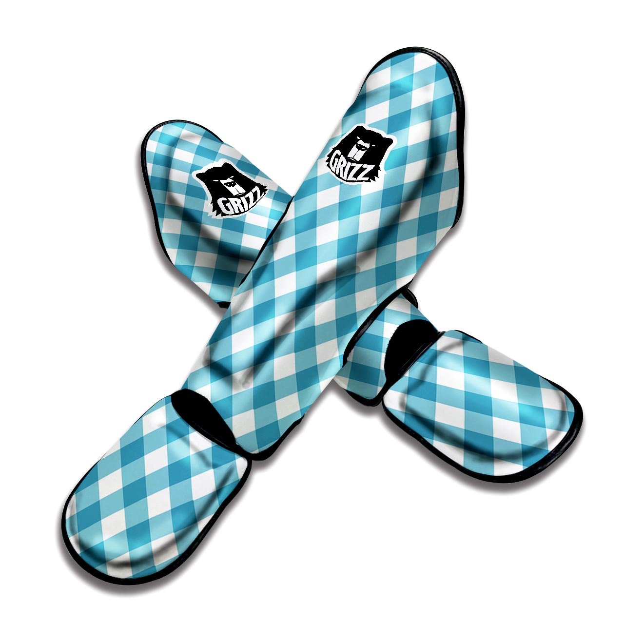 Gingham White And Teal Print Pattern Muay Thai Shin Guards-grizzshop