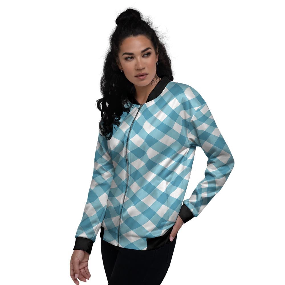 Gingham White And Teal Print Pattern Women's Bomber Jacket-grizzshop