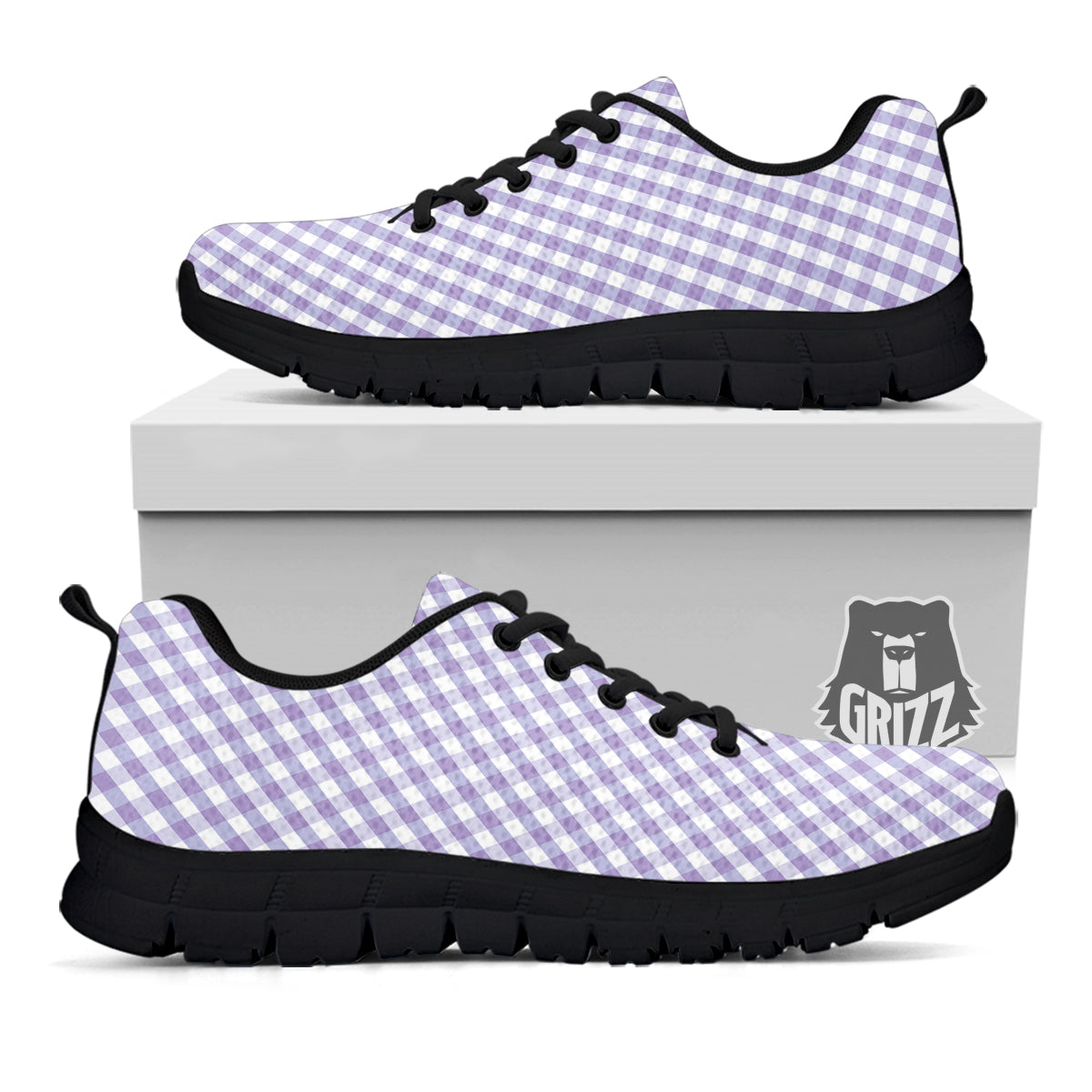 Gingham White And Violet Print Pattern Black Sneaker-grizzshop