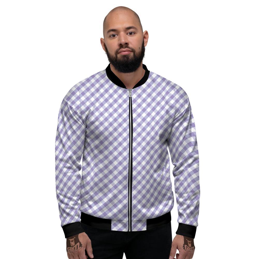 Gingham White And Violet Print Pattern Men's Bomber Jacket-grizzshop