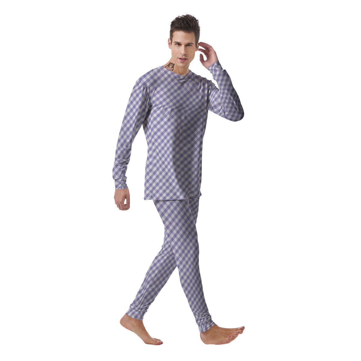 Gingham White And Violet Print Pattern Men's Pajamas-grizzshop