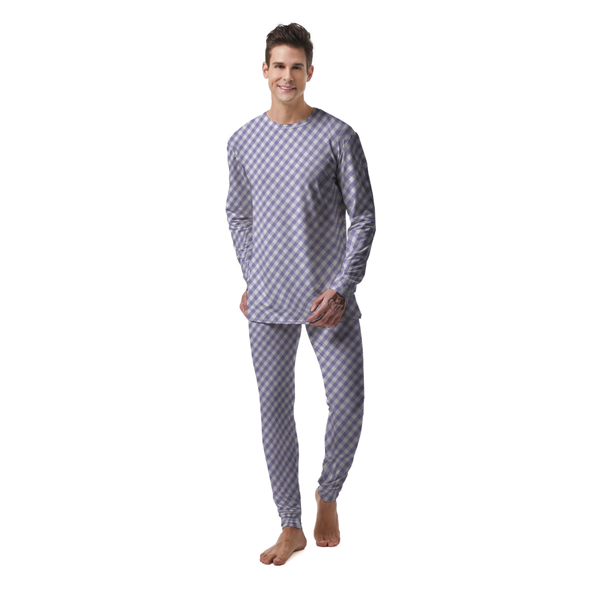 Gingham White And Violet Print Pattern Men's Pajamas-grizzshop