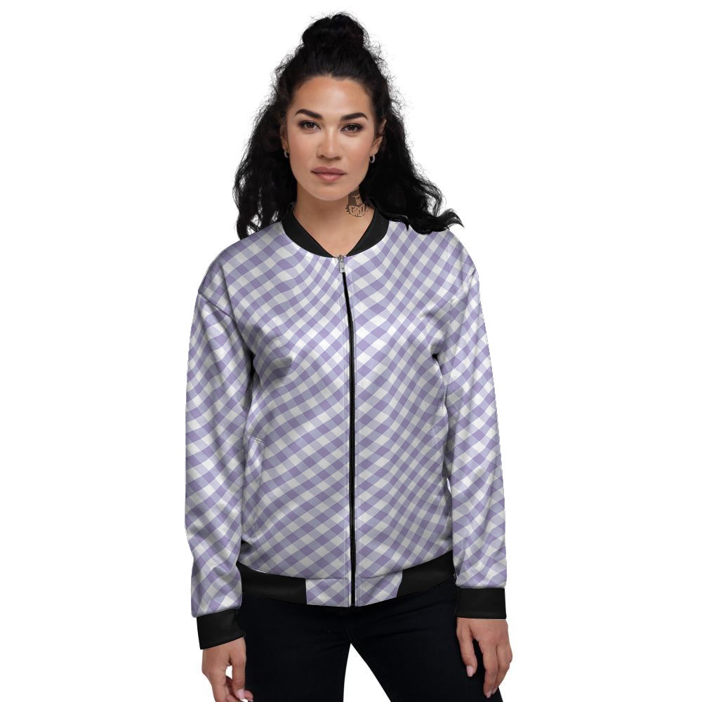 Gingham White And Violet Print Pattern Women's Bomber Jacket-grizzshop