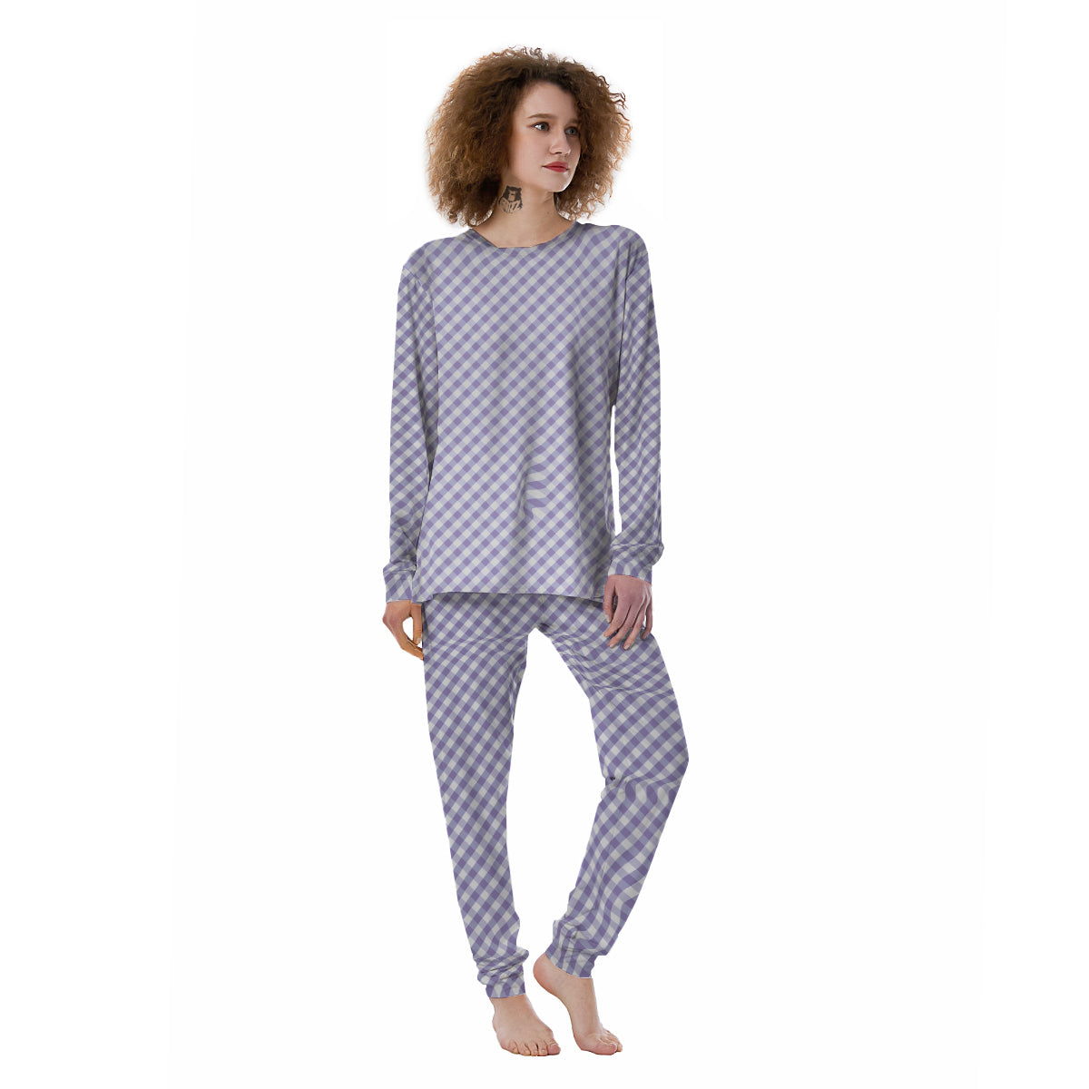 Gingham White And Violet Print Pattern Women's Pajamas-grizzshop