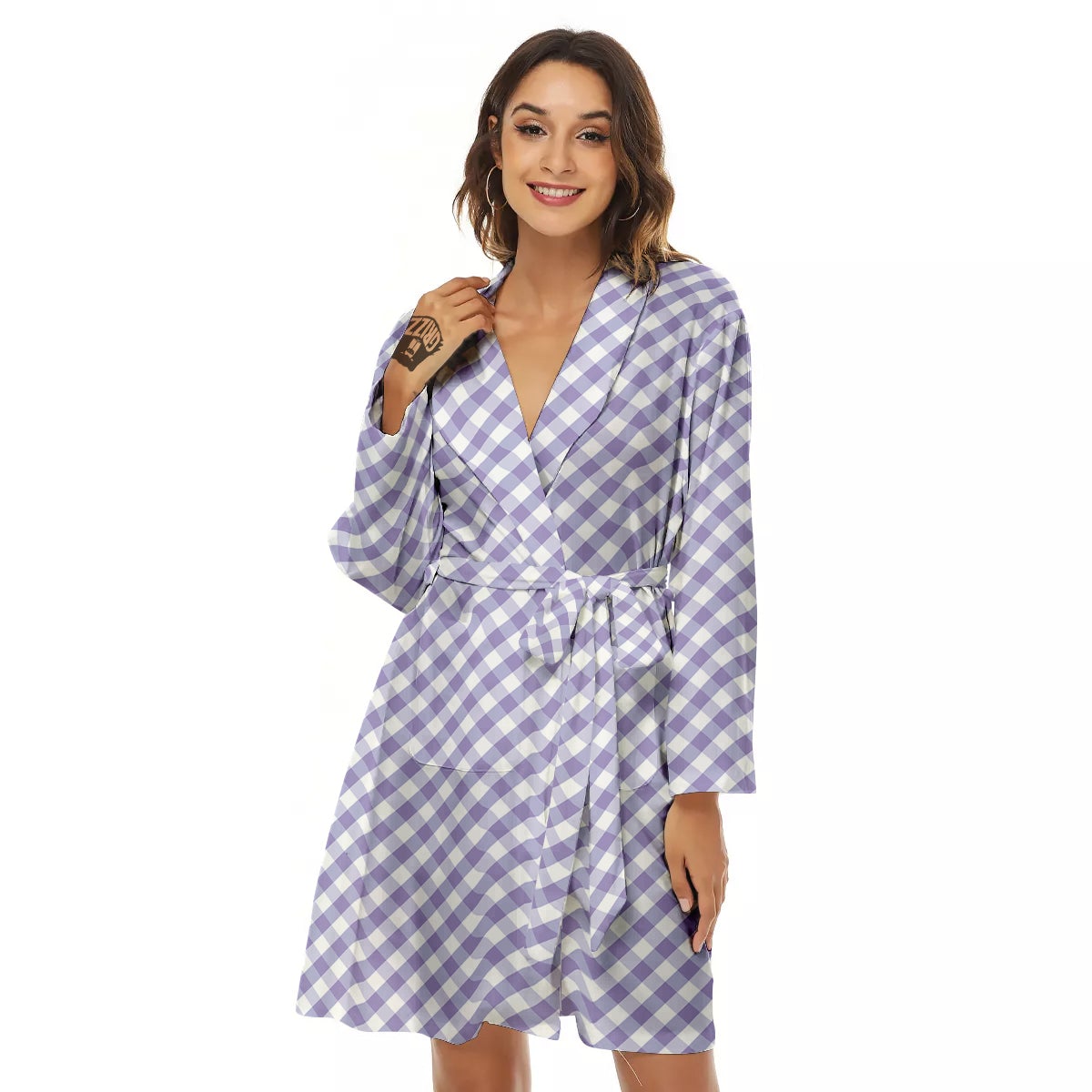Gingham White And Violet Print Pattern Women's Robe-grizzshop