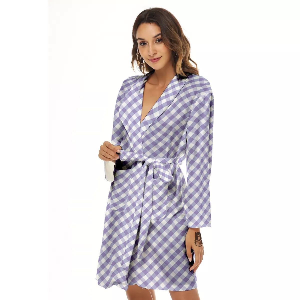 Gingham White And Violet Print Pattern Women's Robe-grizzshop
