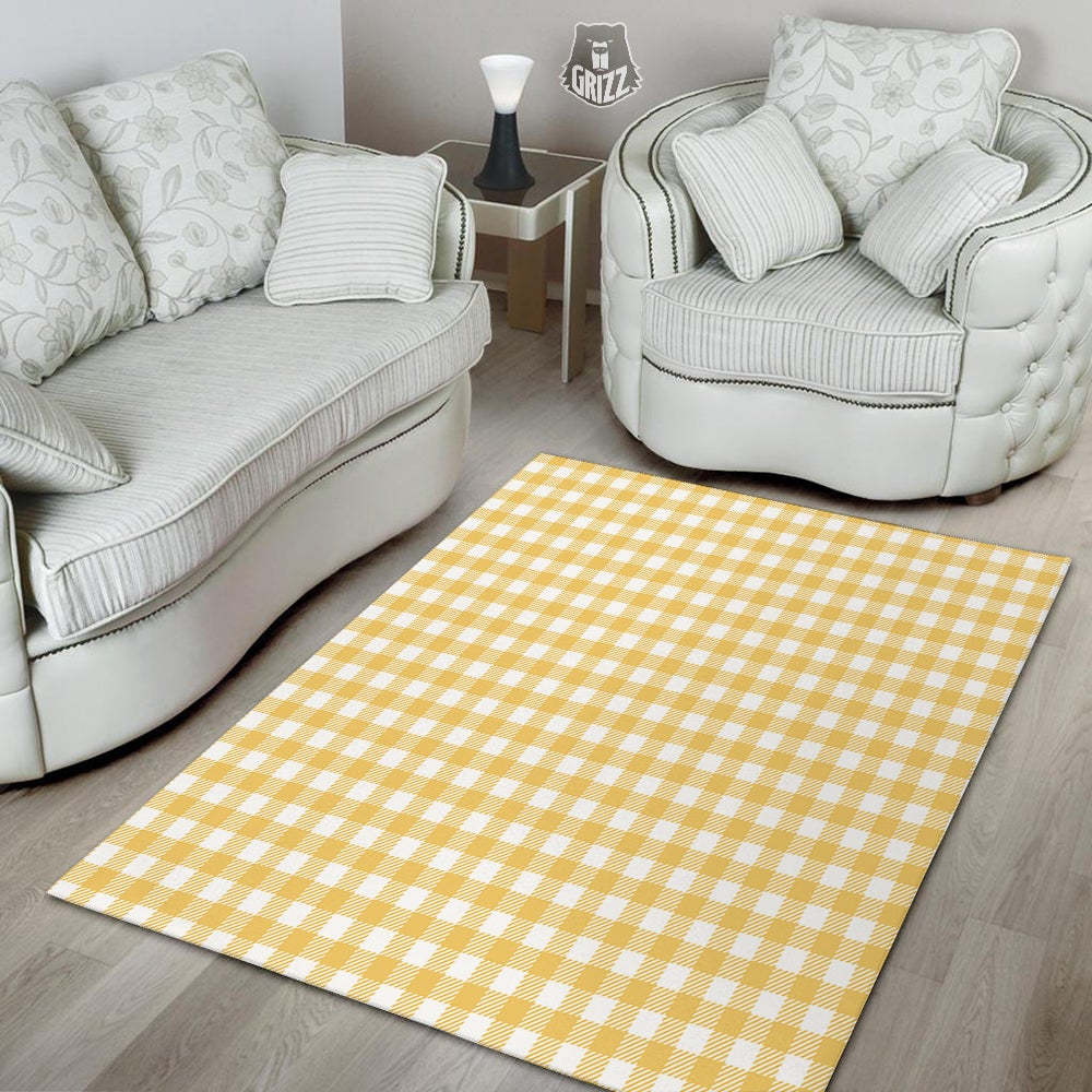 Gingham Yellow And White Print Pattern Floor Mat-grizzshop