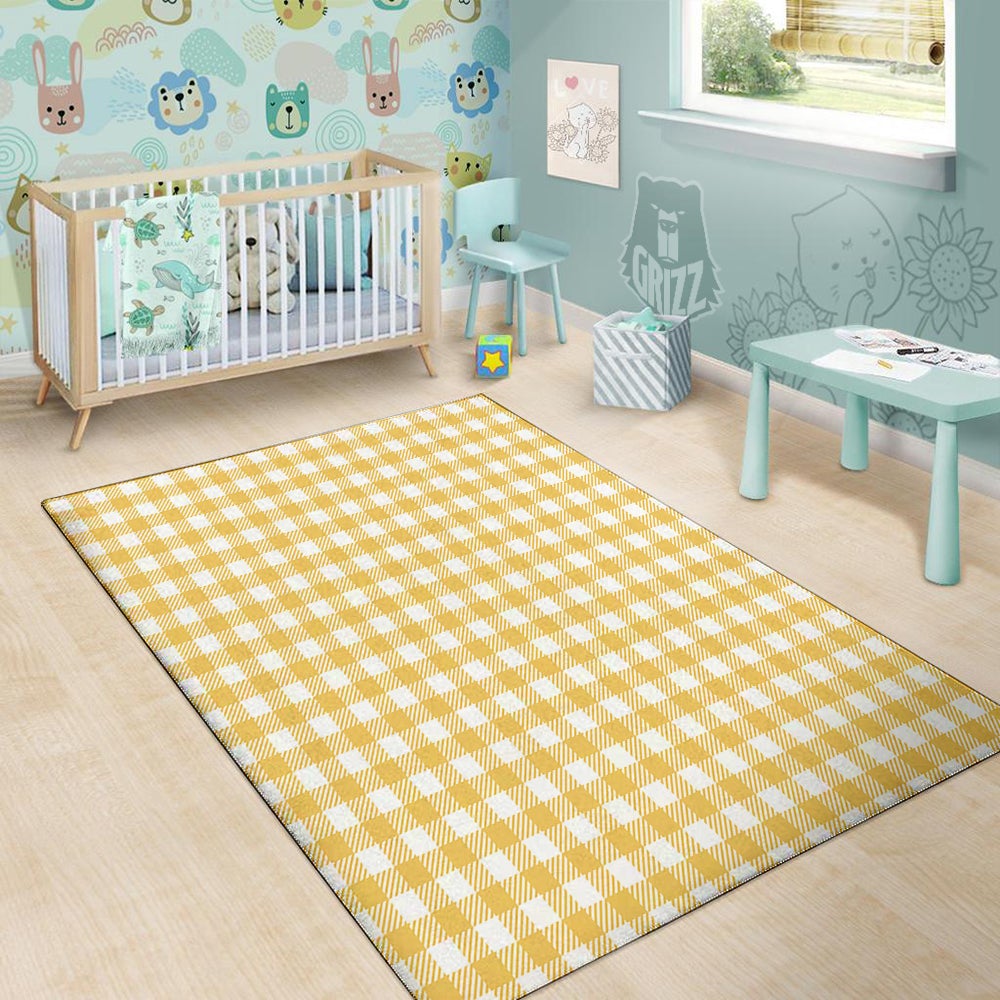 Gingham Yellow And White Print Pattern Floor Mat-grizzshop