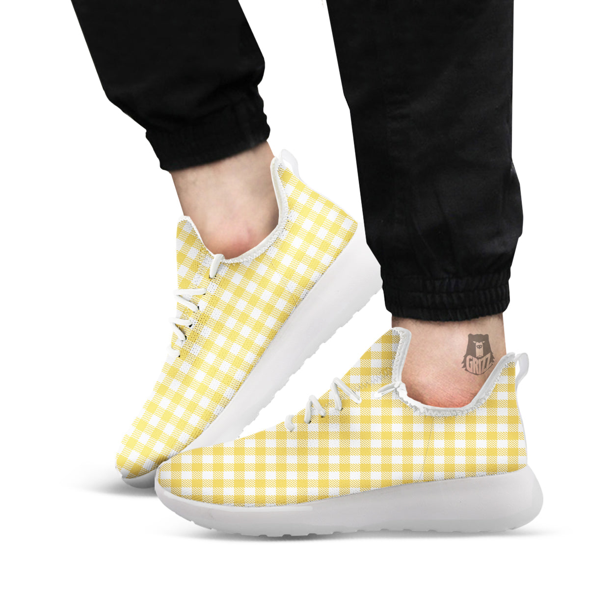 Gingham Yellow And White Print Pattern White Athletic Shoes-grizzshop