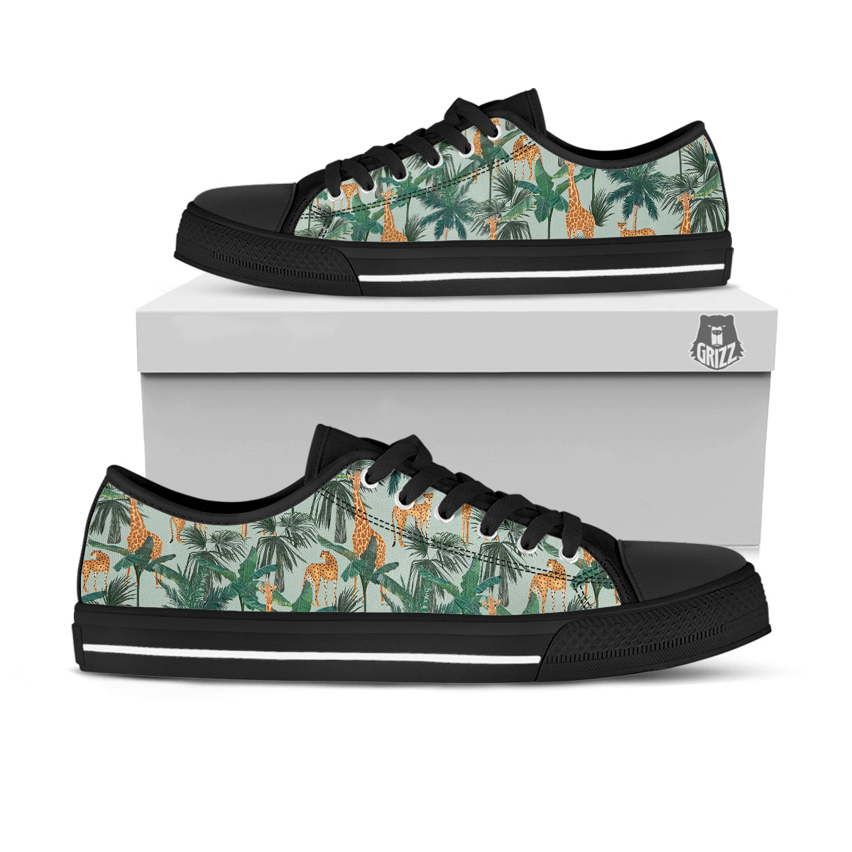 Giraffe And Leopard Vintage Print Pattern Black Low Top Shoes-grizzshop