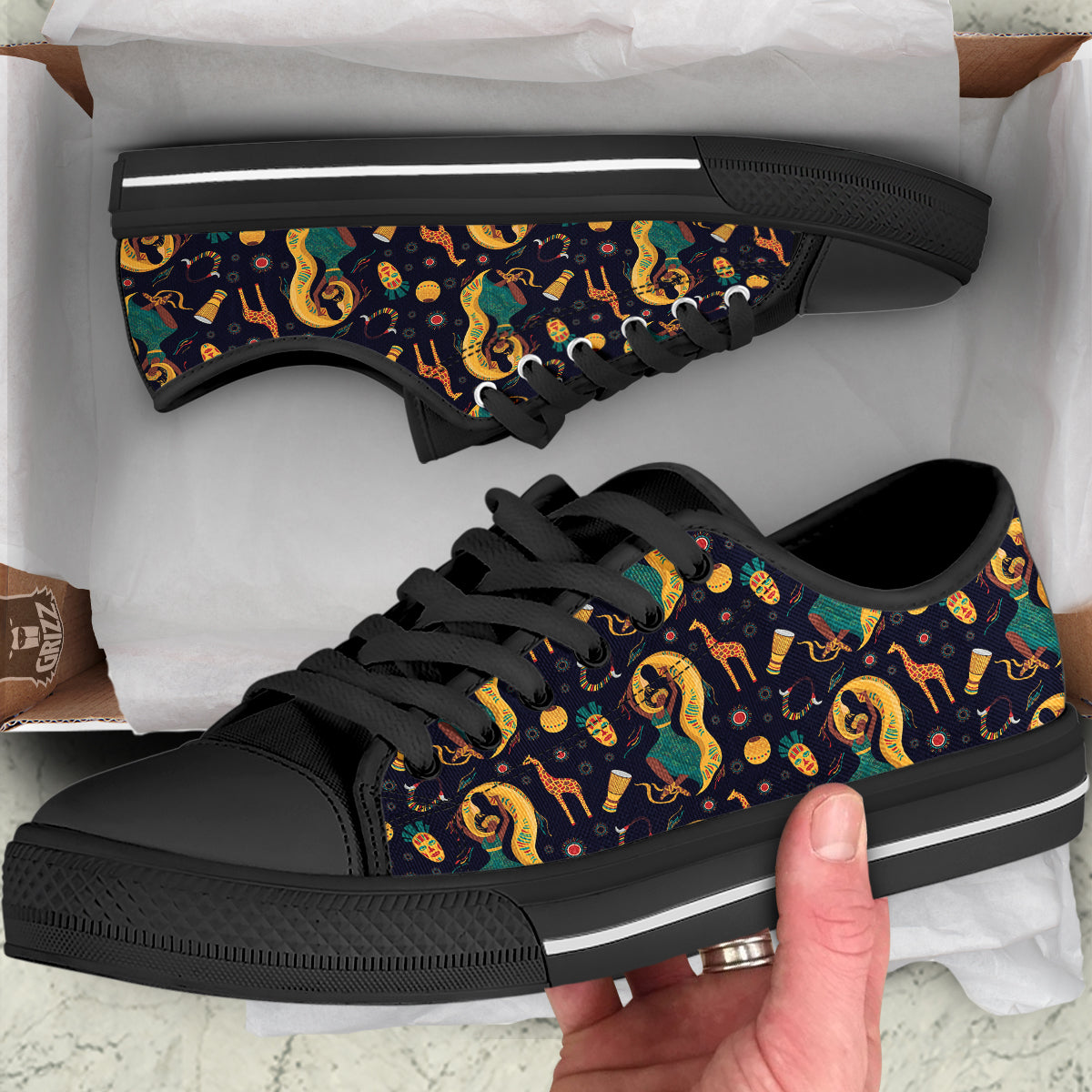 Giraffe Aztec Print Pattern Black Low Top Shoes-grizzshop