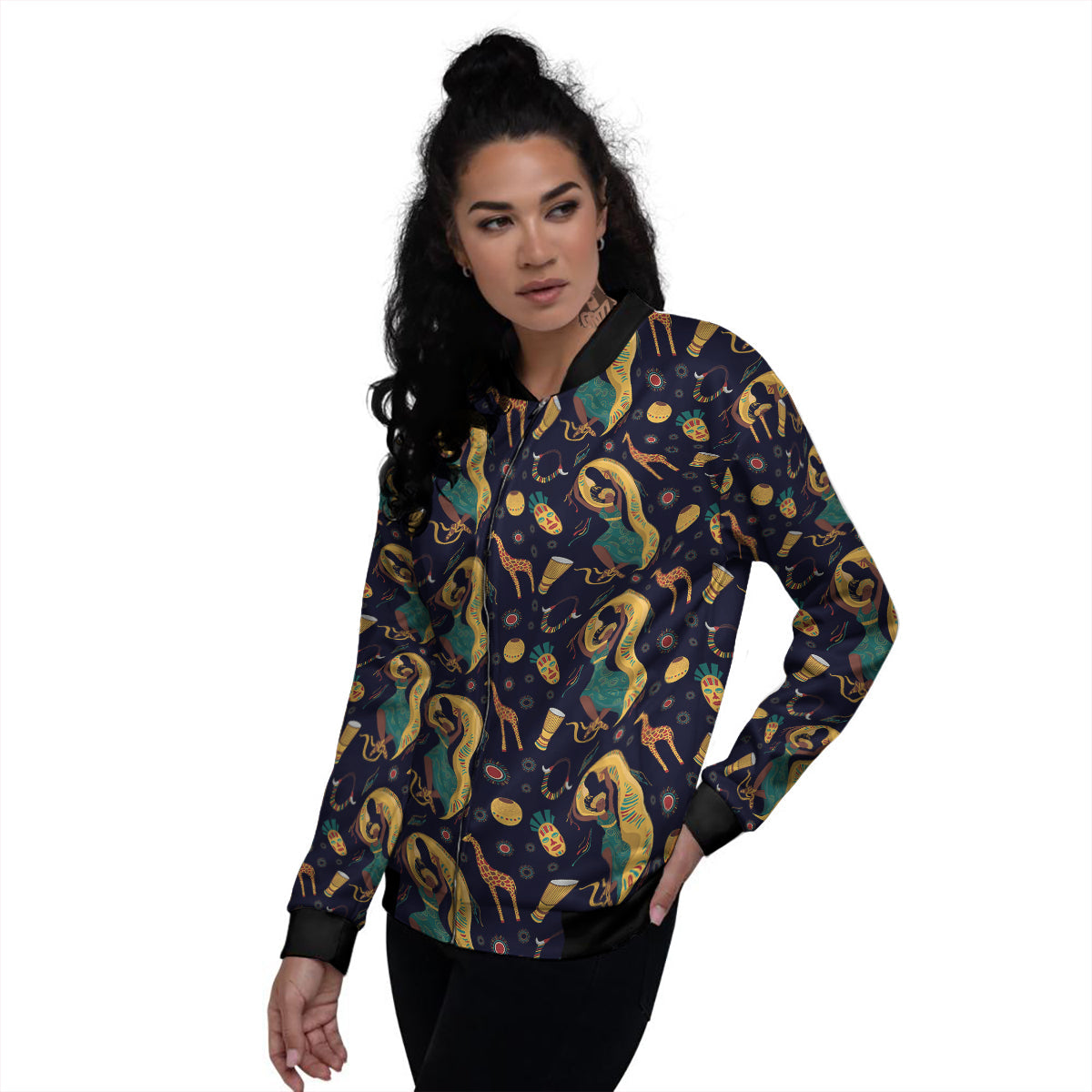 Giraffe Aztec Print Pattern Women's Bomber Jacket-grizzshop