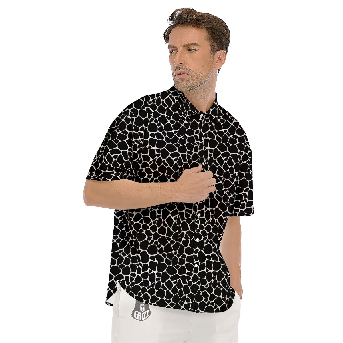 Giraffe Black Tropical Print Pattern Men's Short Sleeve Shirts-grizzshop