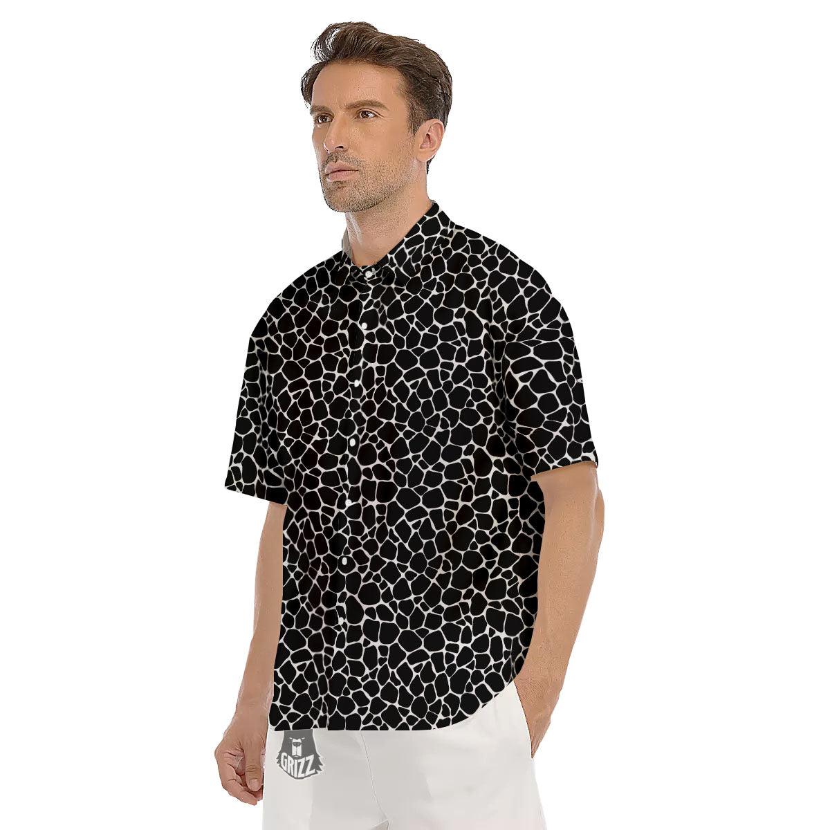 Giraffe Black Tropical Print Pattern Men's Short Sleeve Shirts-grizzshop