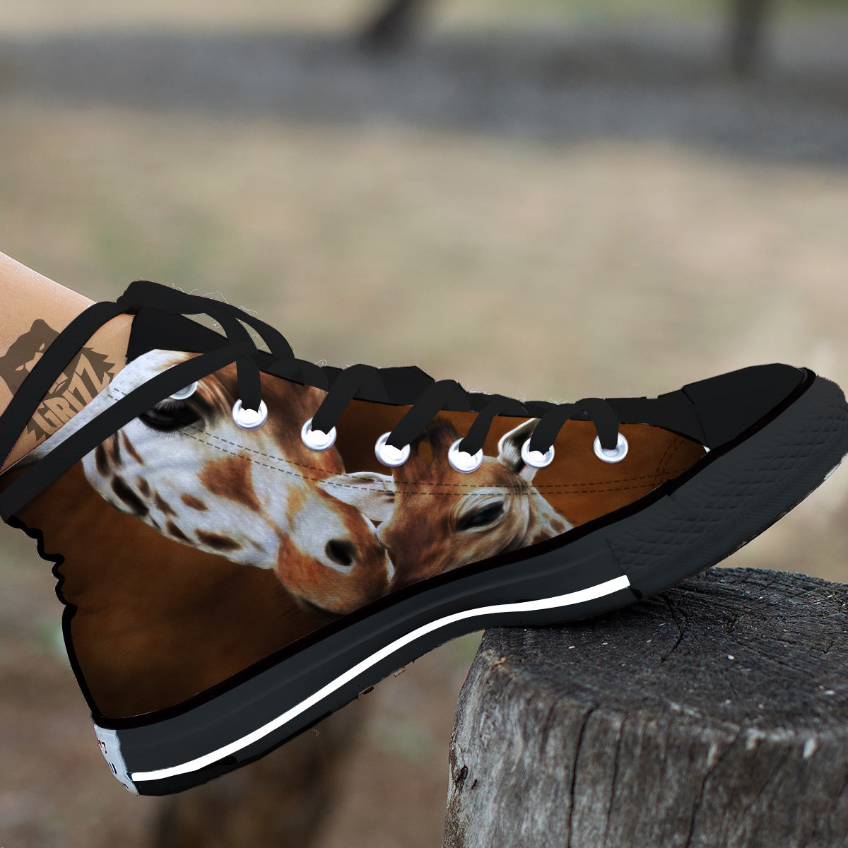 Giraffe Brown Print Black High Top Shoes-grizzshop