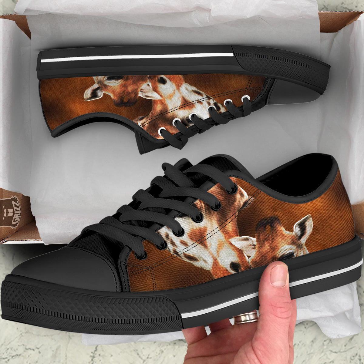 Giraffe Brown Print Black Low Top Shoes-grizzshop