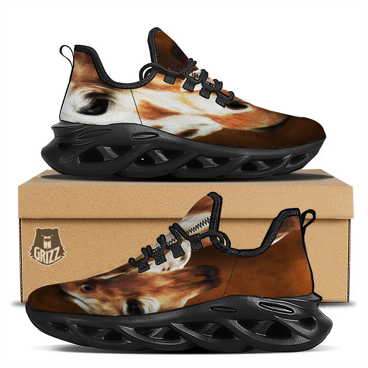 Giraffe Brown Print Black Running Shoes-grizzshop