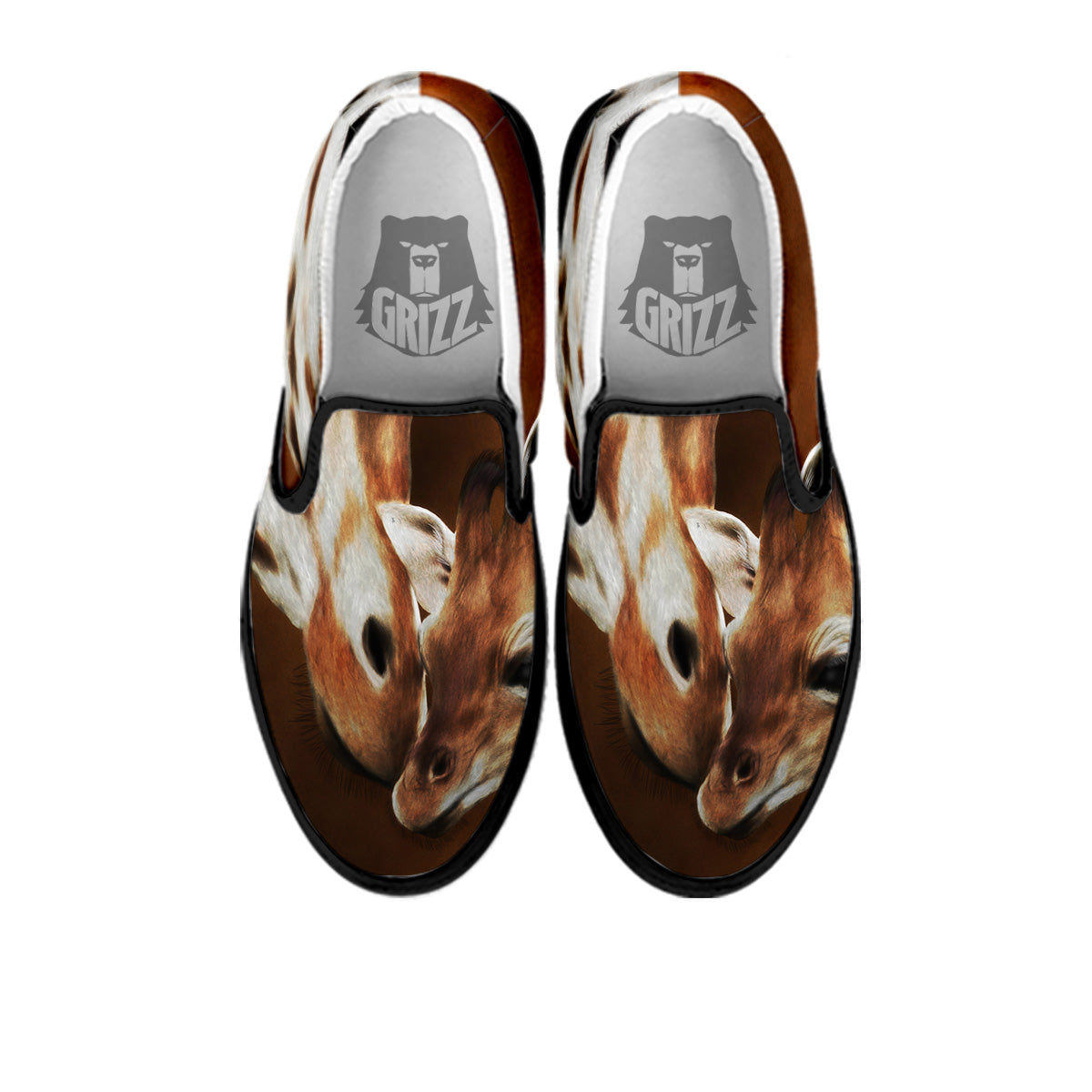 Giraffe Brown Print Black Slip On Shoes-grizzshop