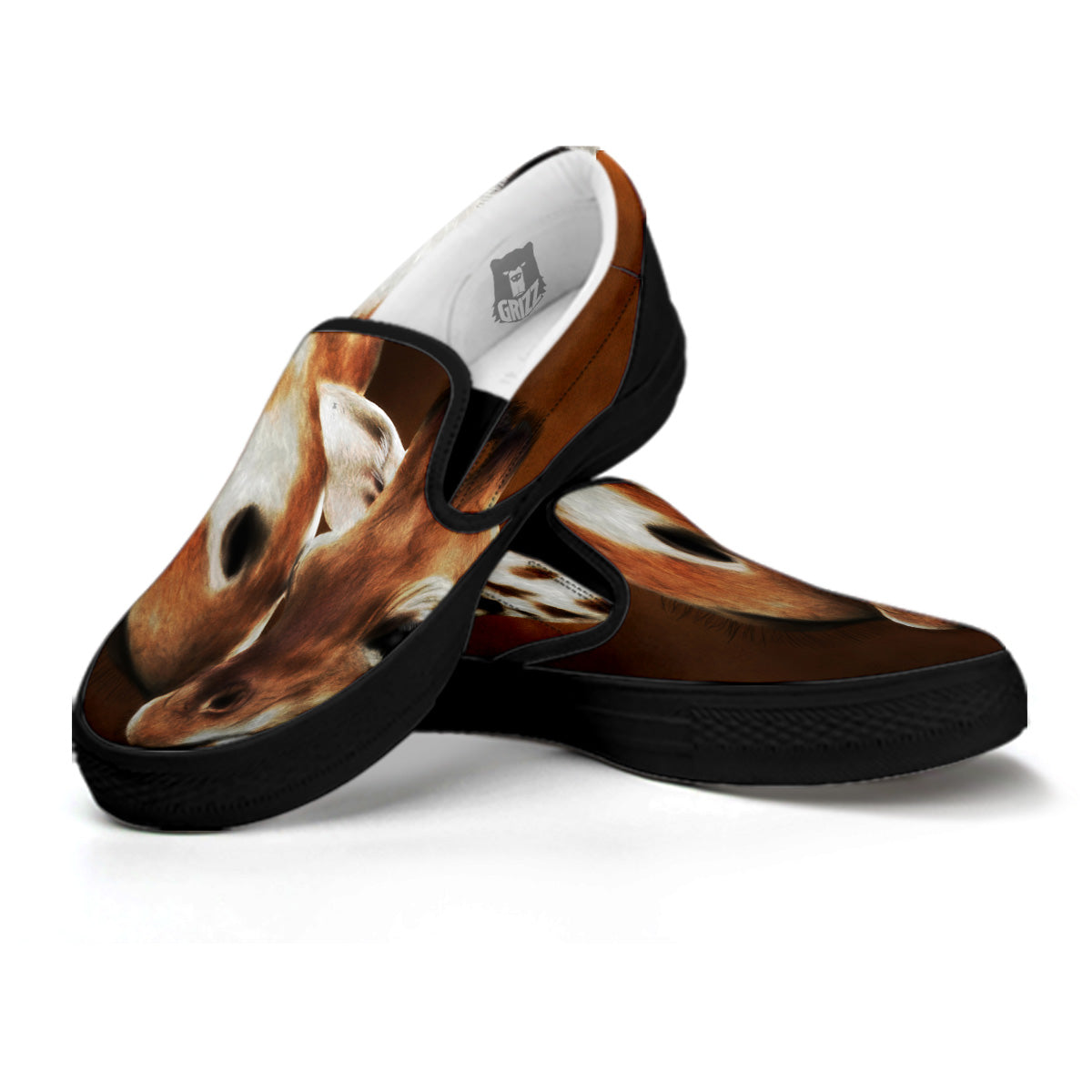 Giraffe Brown Print Black Slip On Shoes-grizzshop