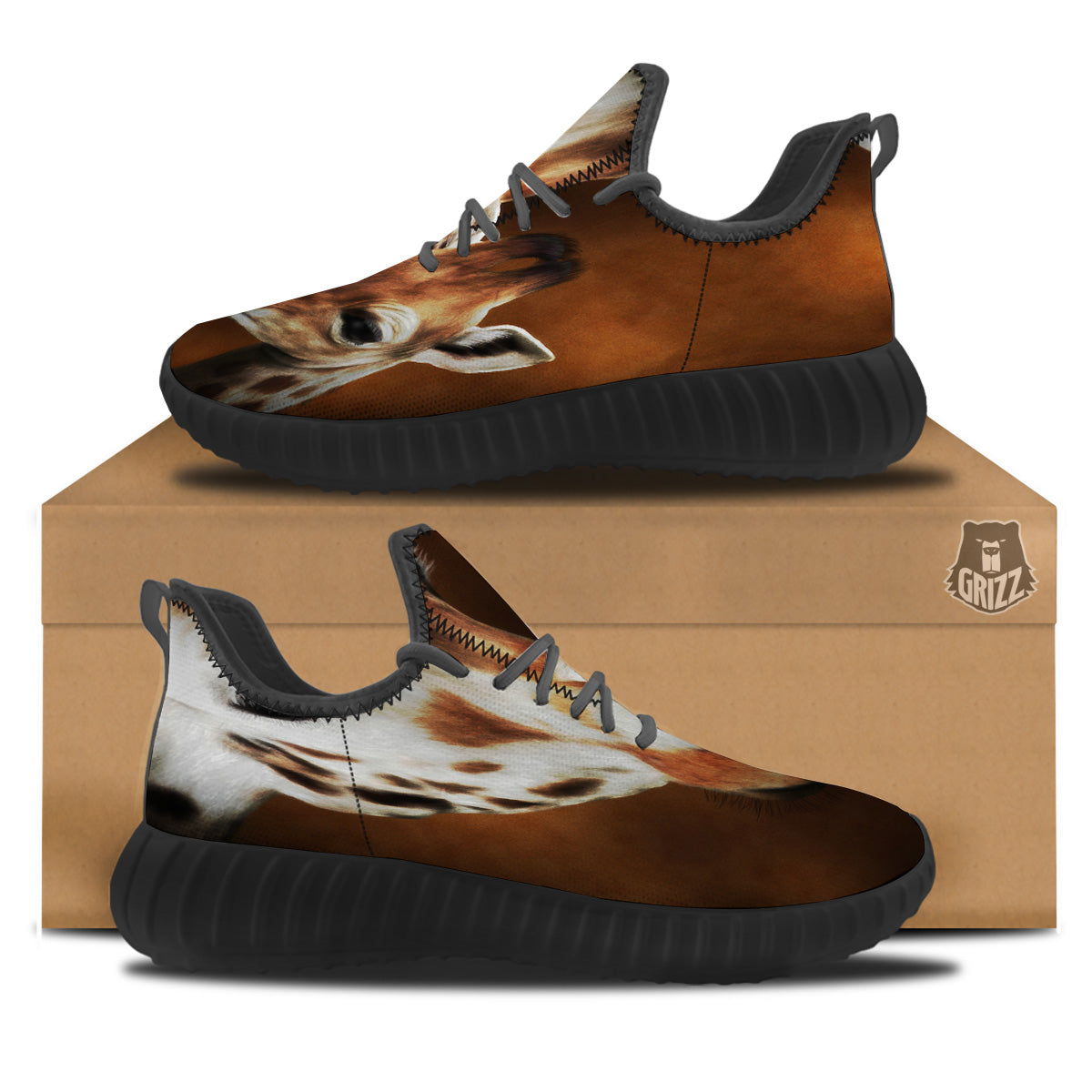 Giraffe Brown Print Black Walking Shoes-grizzshop