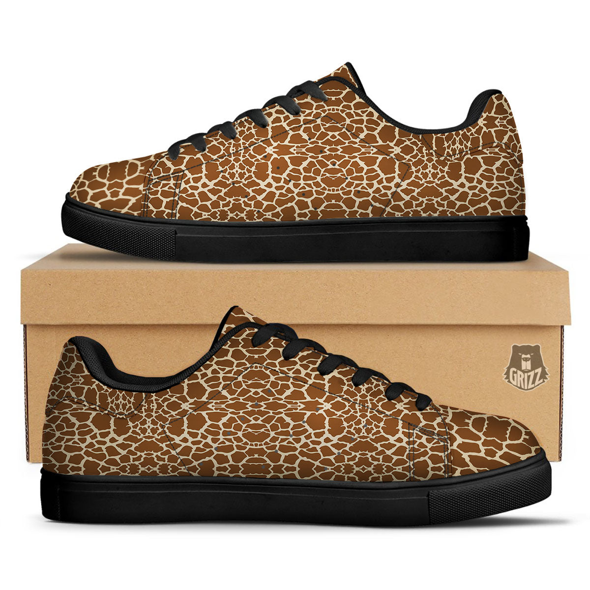 Giraffe Brown Print Pattern Black Low Top Sneakers-grizzshop