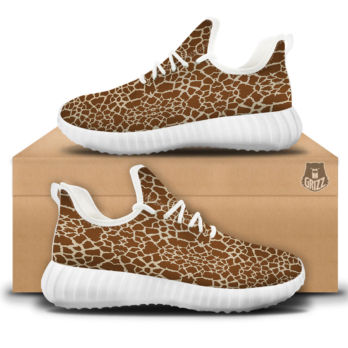 Giraffe Brown Print Pattern White Walking Shoes-grizzshop