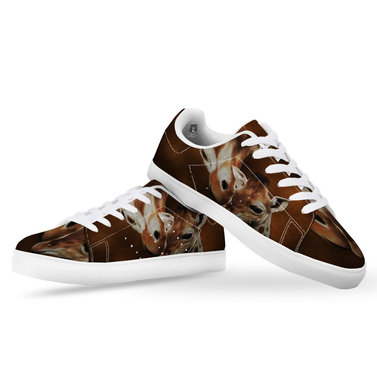 Giraffe Brown Print White Low Top Sneakers-grizzshop