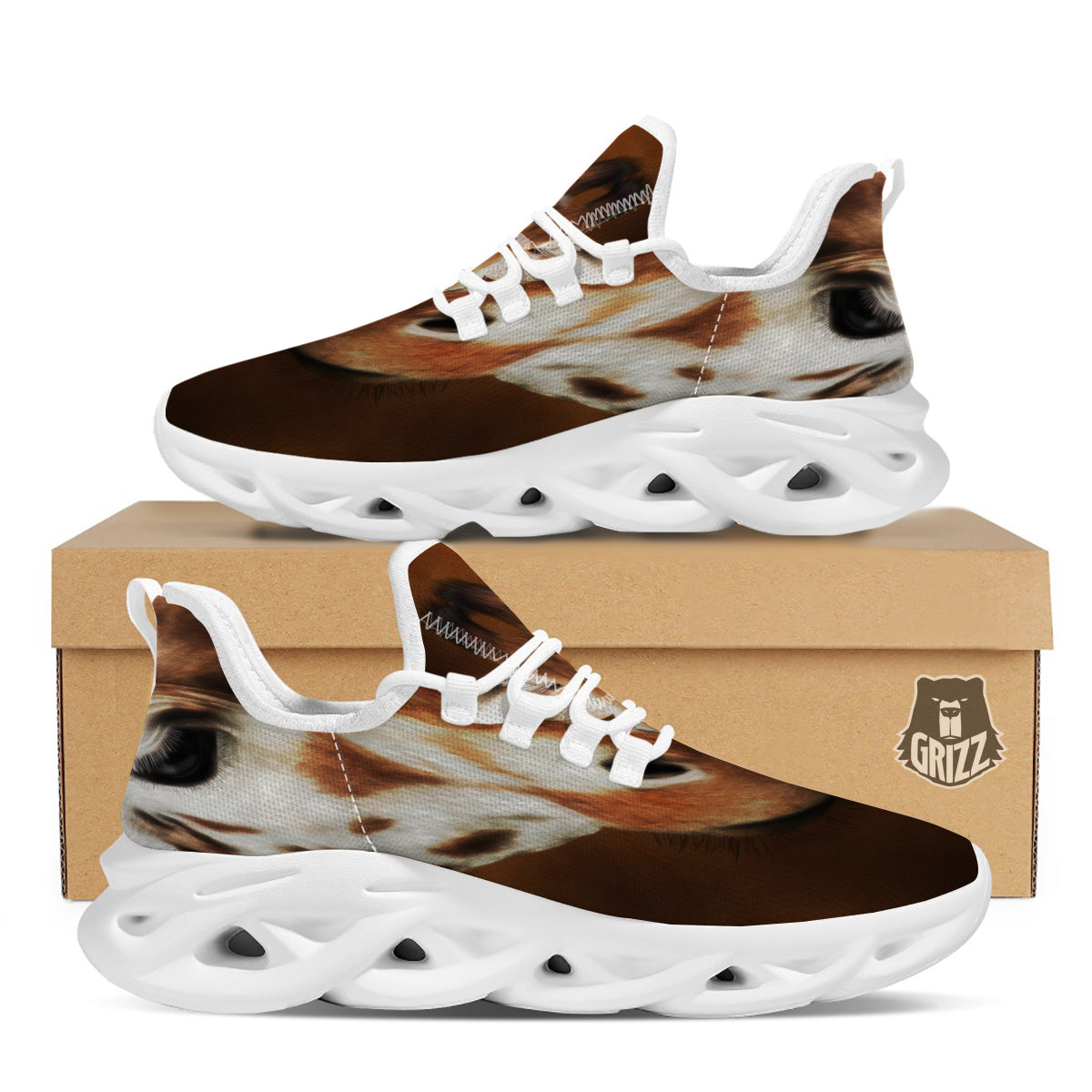 Giraffe Brown Print White Running Shoes-grizzshop