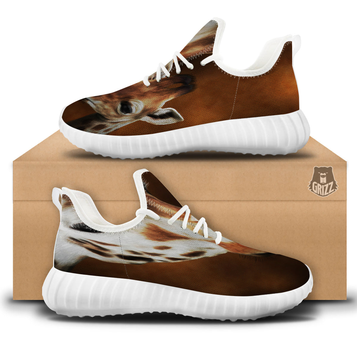 Giraffe Brown Print White Walking Shoes-grizzshop