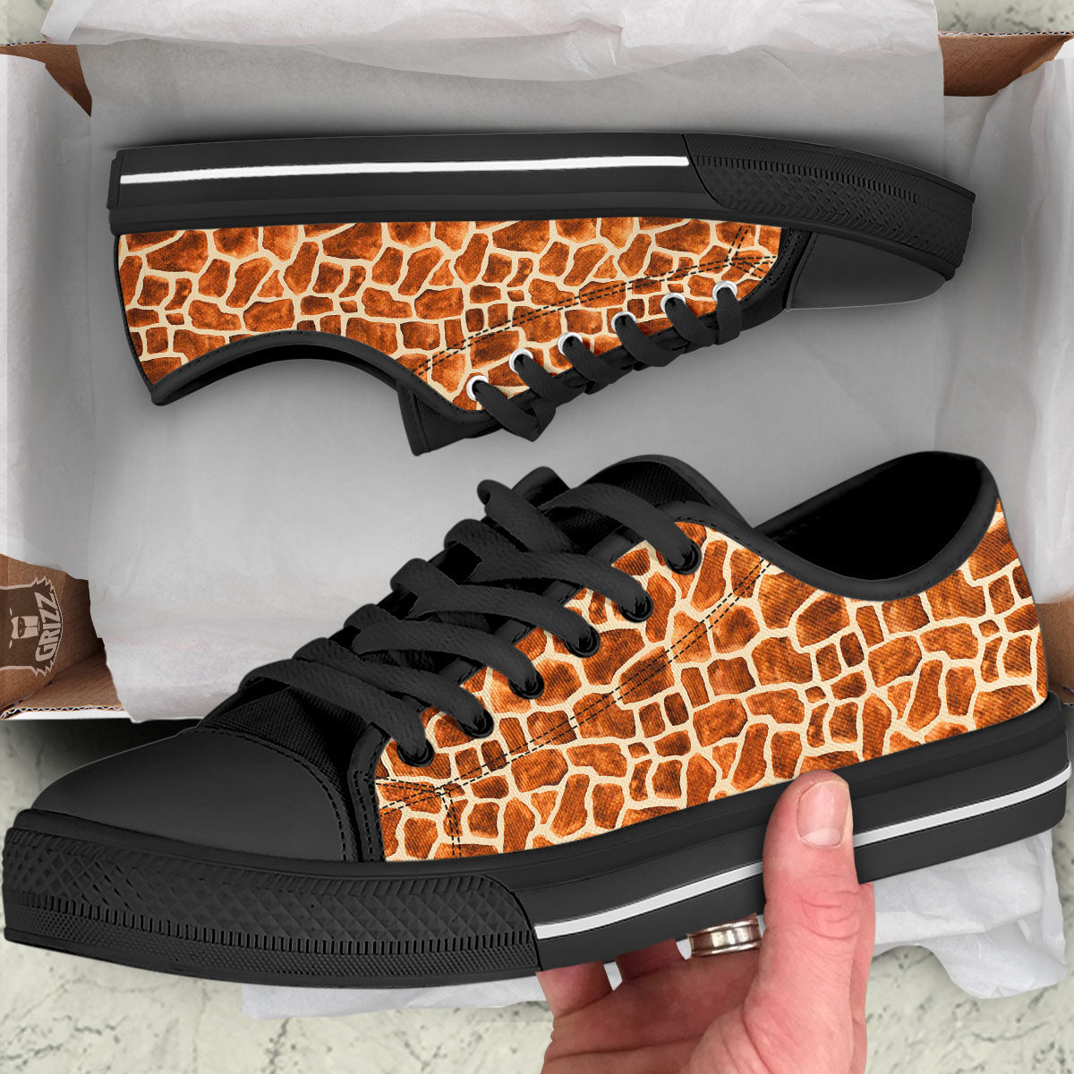 Giraffe Brown Watercolor Print Pattern Black Low Top Shoes-grizzshop