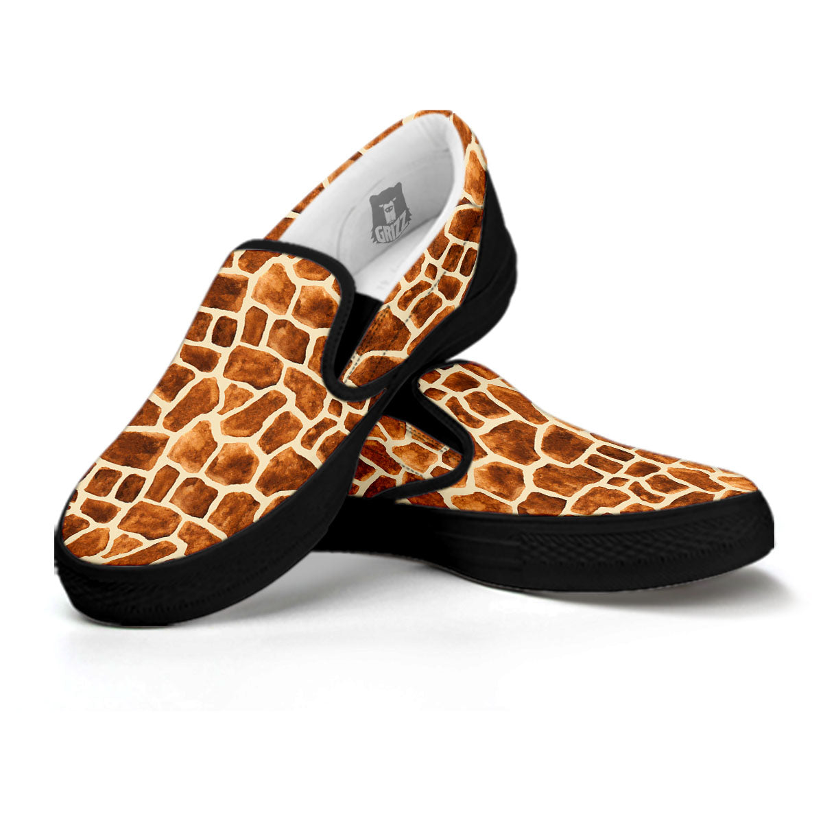 Giraffe Brown Watercolor Print Pattern Black Slip On Shoes-grizzshop