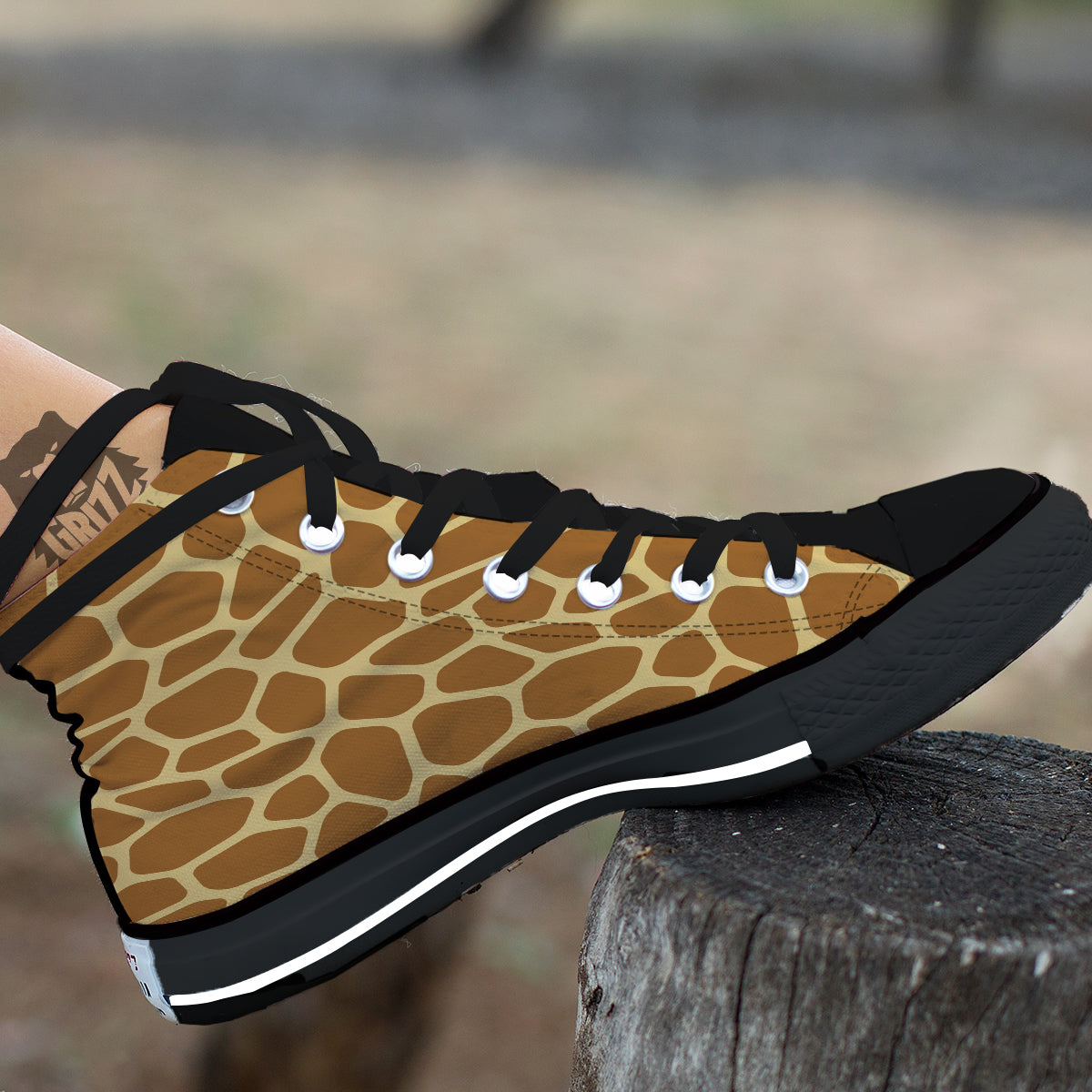 Giraffe Brown Yellow Print Pattern Black High Top Shoes-grizzshop