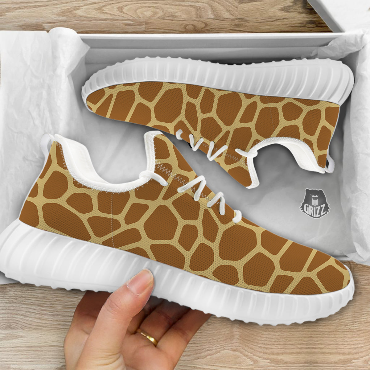 Giraffe Brown Yellow Print Pattern White Walking Shoes-grizzshop