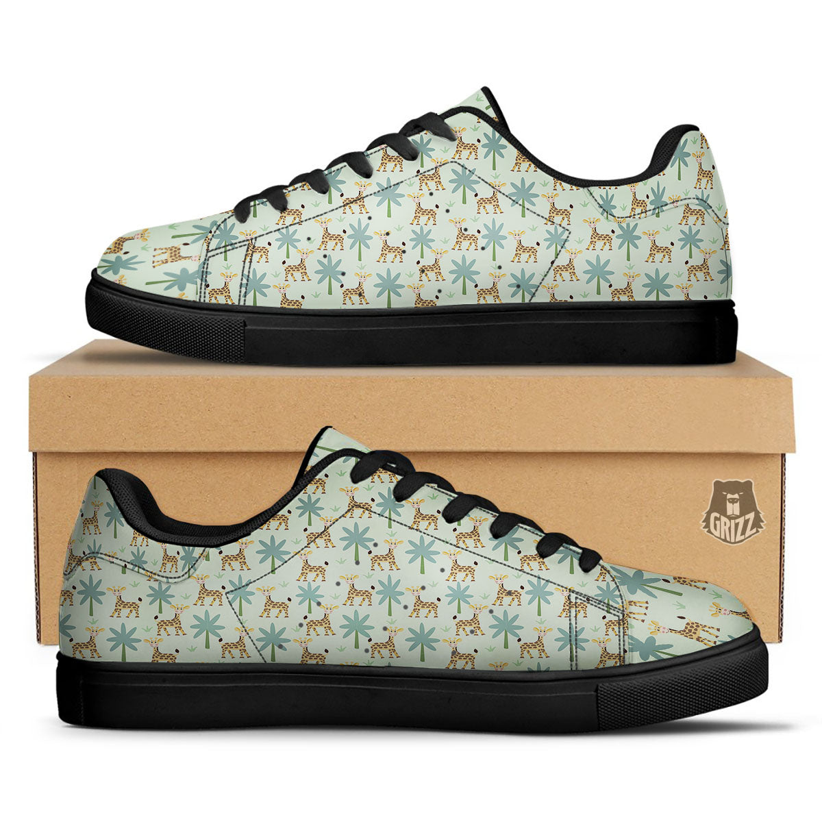 Giraffe Cartoon Print Pattern Black Low Top Sneakers-grizzshop