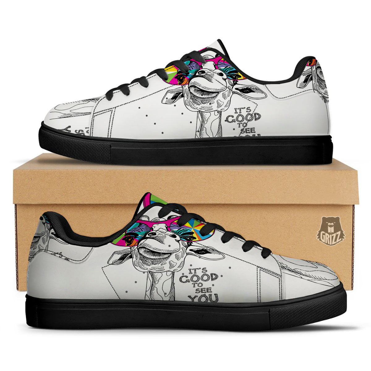 Giraffe Funny Print Black Low Top Sneakers-grizzshop