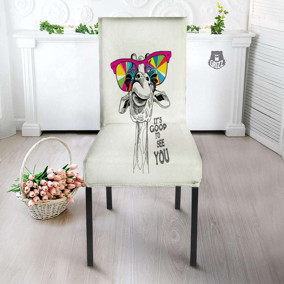 Giraffe Funny Print Dining Chair Slipcover-grizzshop