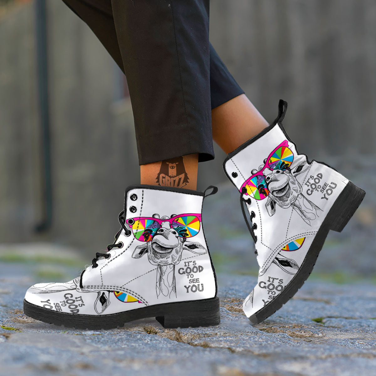 Giraffe Funny Print Leather Boots-grizzshop