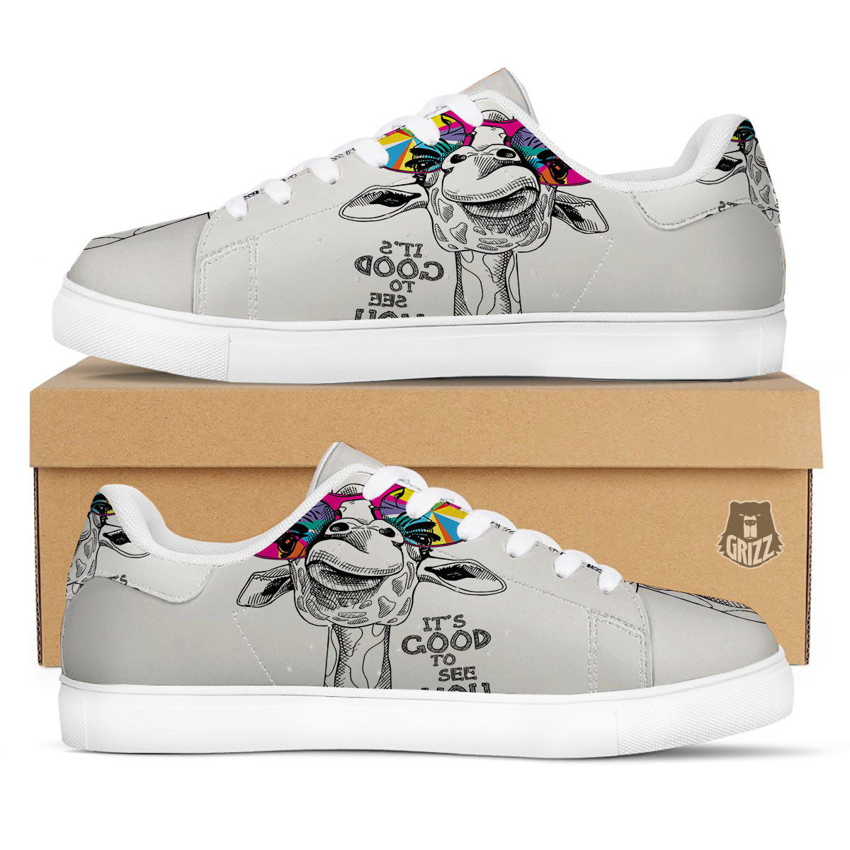 Giraffe Funny Print White Low Top Sneakers-grizzshop