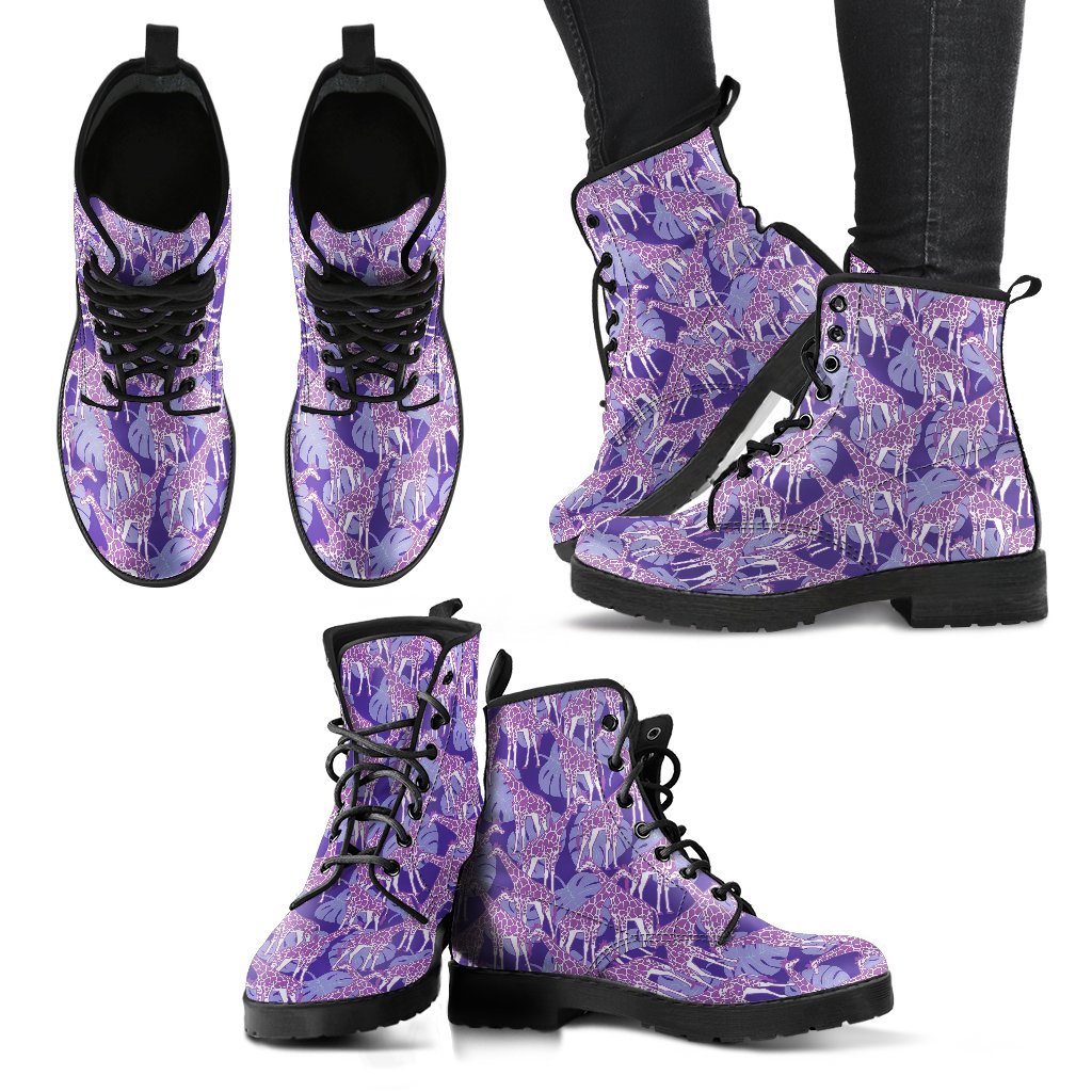 Giraffe Purple Pattern Print Men Women Leather Boots-grizzshop