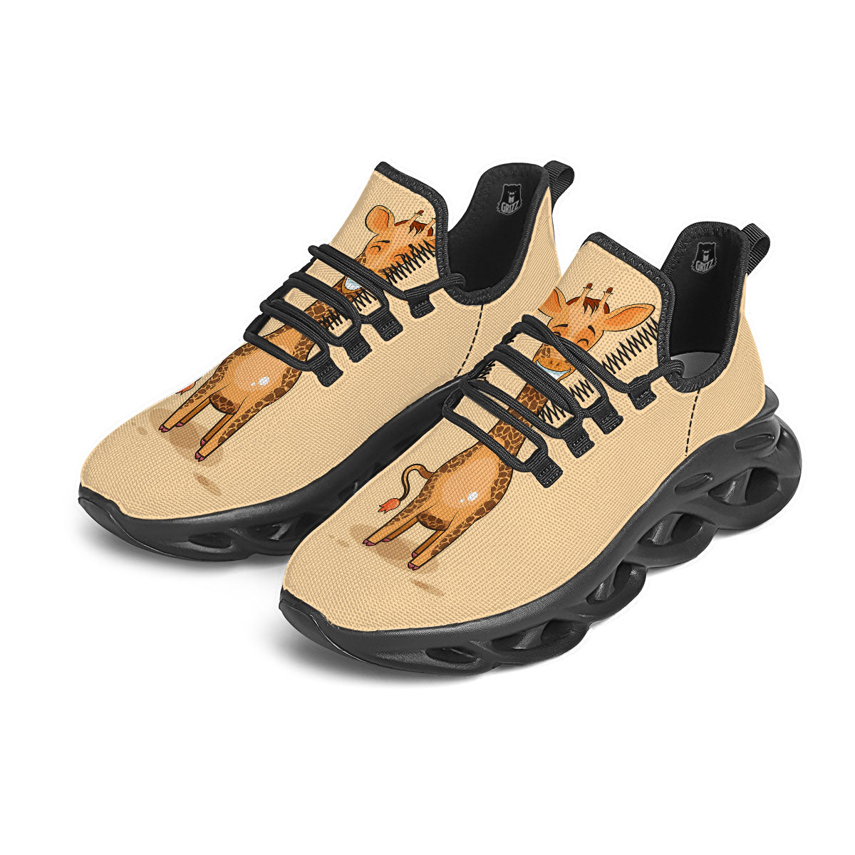 Giraffe Smiley Face Print Black Running Shoes-grizzshop