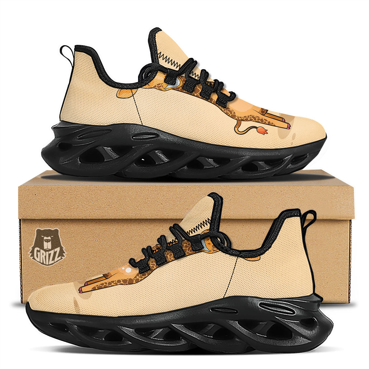 Giraffe Smiley Face Print Black Running Shoes-grizzshop