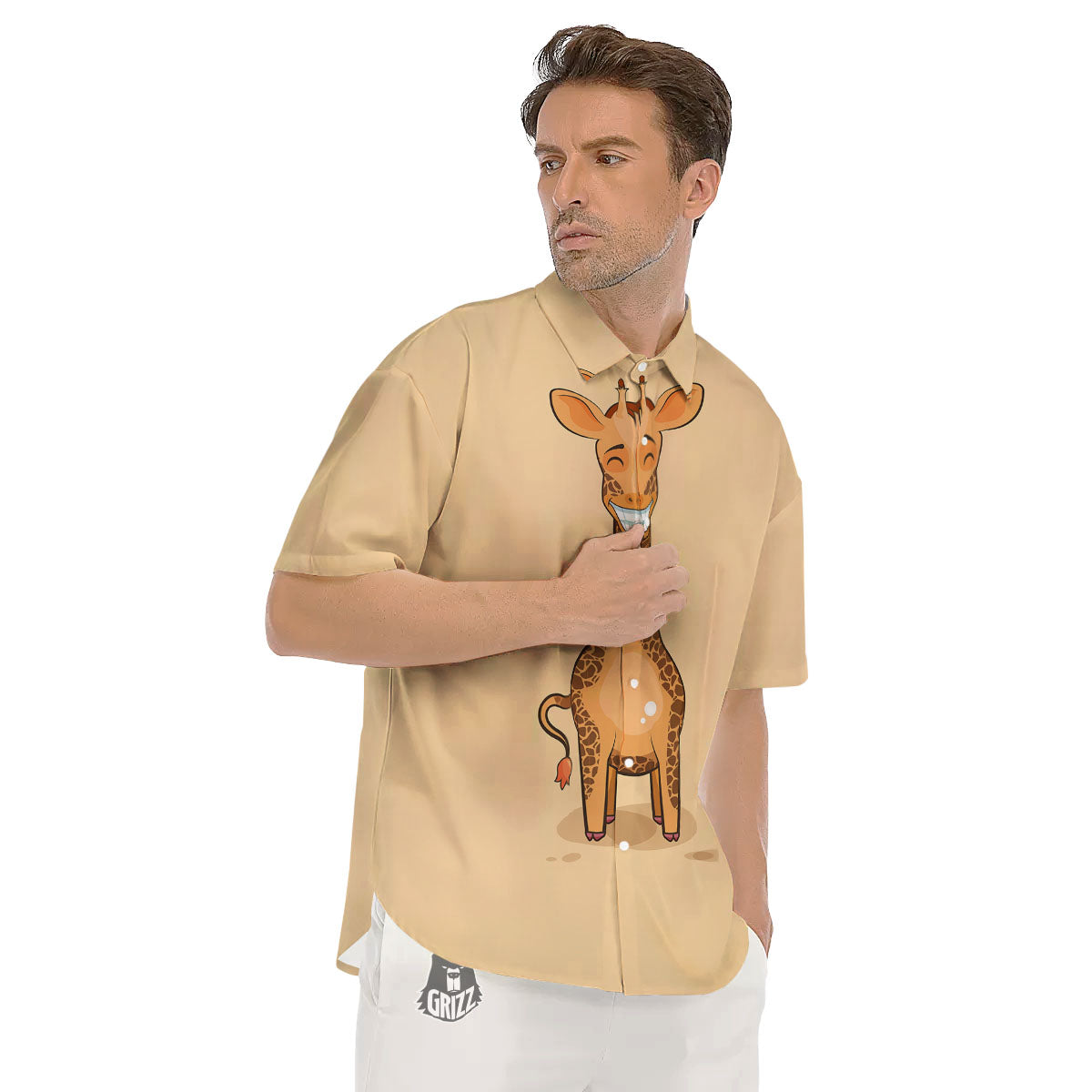 Giraffe Smiley Face Print Men's Short Sleeve Shirts-grizzshop