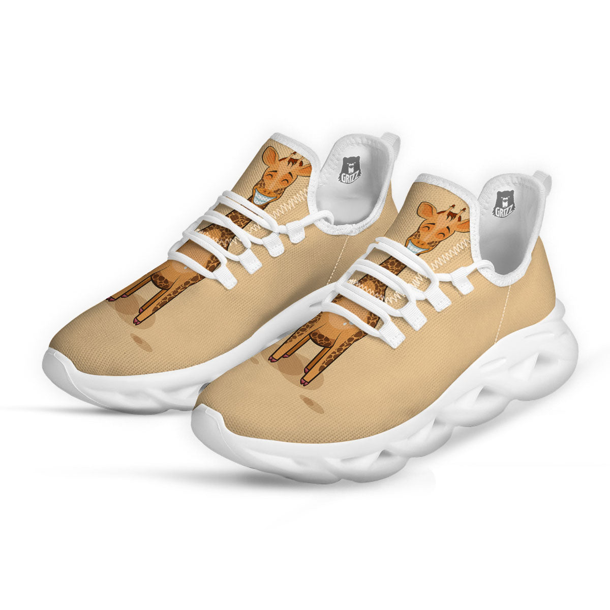 Giraffe Smiley Face Print White Running Shoes-grizzshop