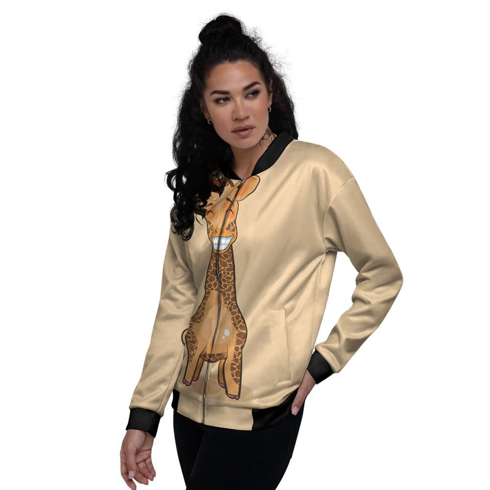 Giraffe Smiley Face Print Women's Bomber Jacket-grizzshop
