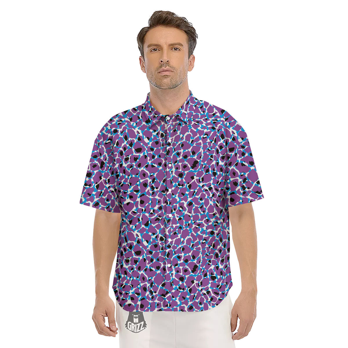 Giraffe Teal And Purple Print Pattern Men's Short Sleeve Shirts-grizzshop