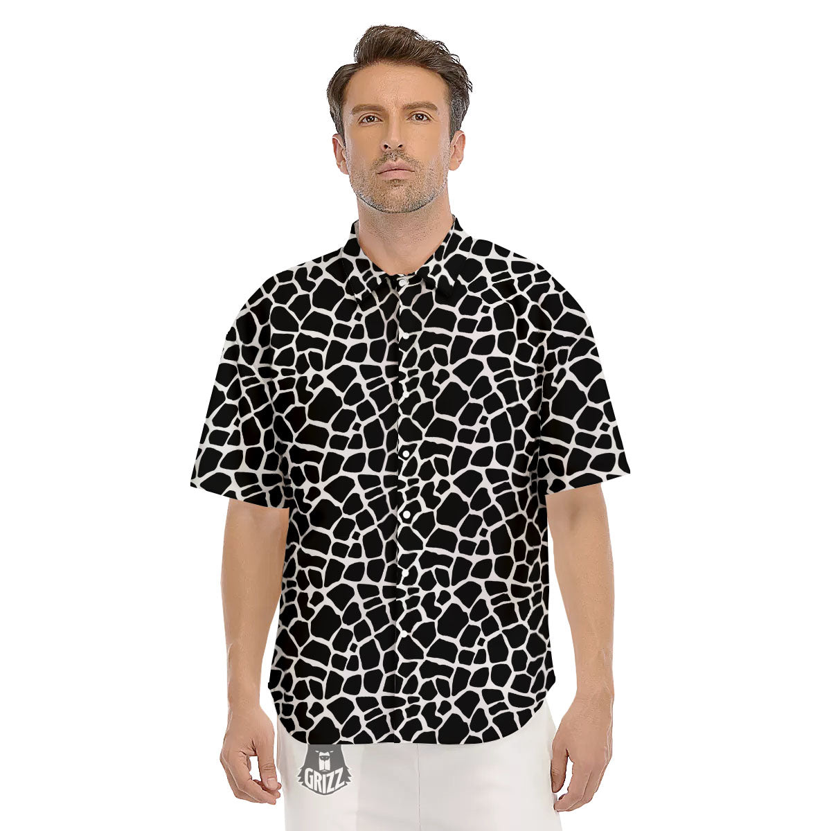 Giraffe White And Black Print Pattern Men's Short Sleeve Shirts-grizzshop